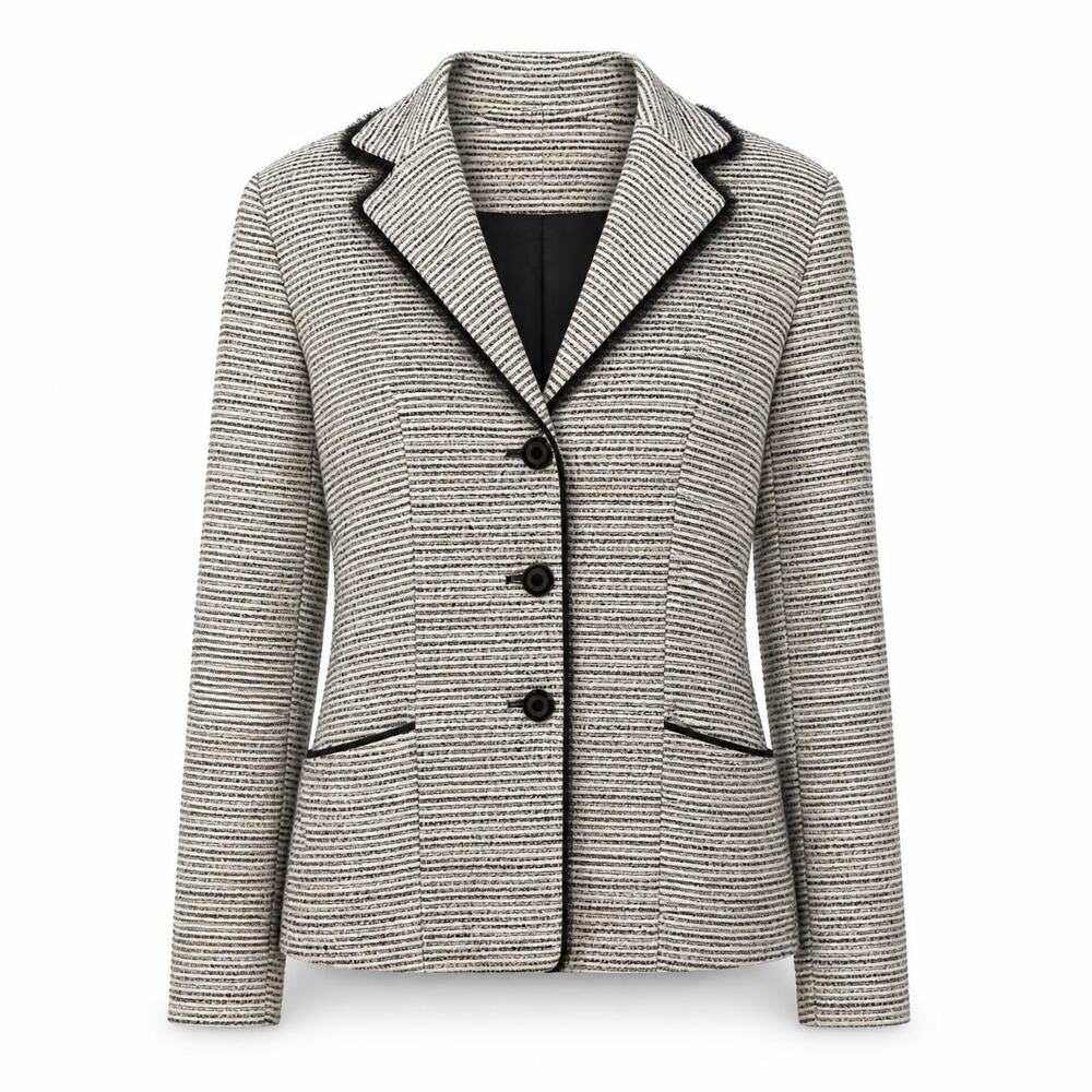 Anne Klein Tweed Blazer Size 10 Black White Woven Three Button Lined Jacket